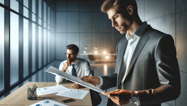 Emprendedor revisando un plan de negocio en una oficina moderna