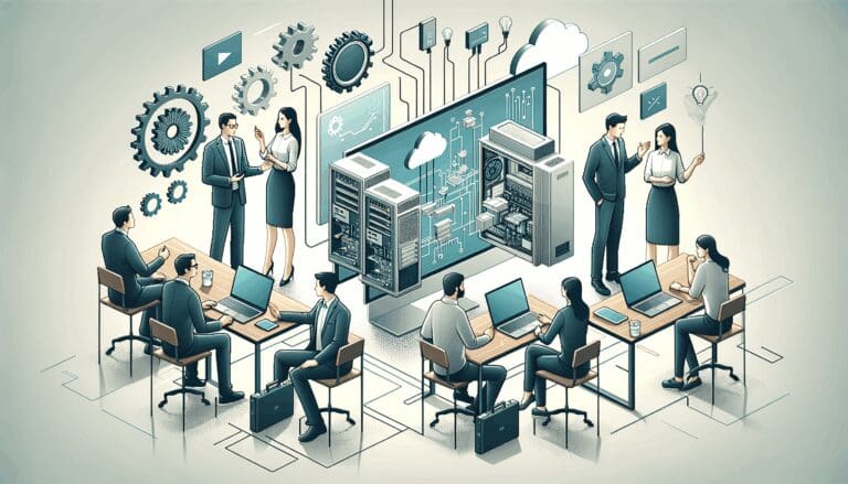 Innovadores tecnológicos colaboran en un moderno entorno de trabajo con equipos cooperativos.