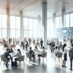 Sala amplia y luminosa con emprendedores reunidos, pantallas digitales y ambiente colaborativo.