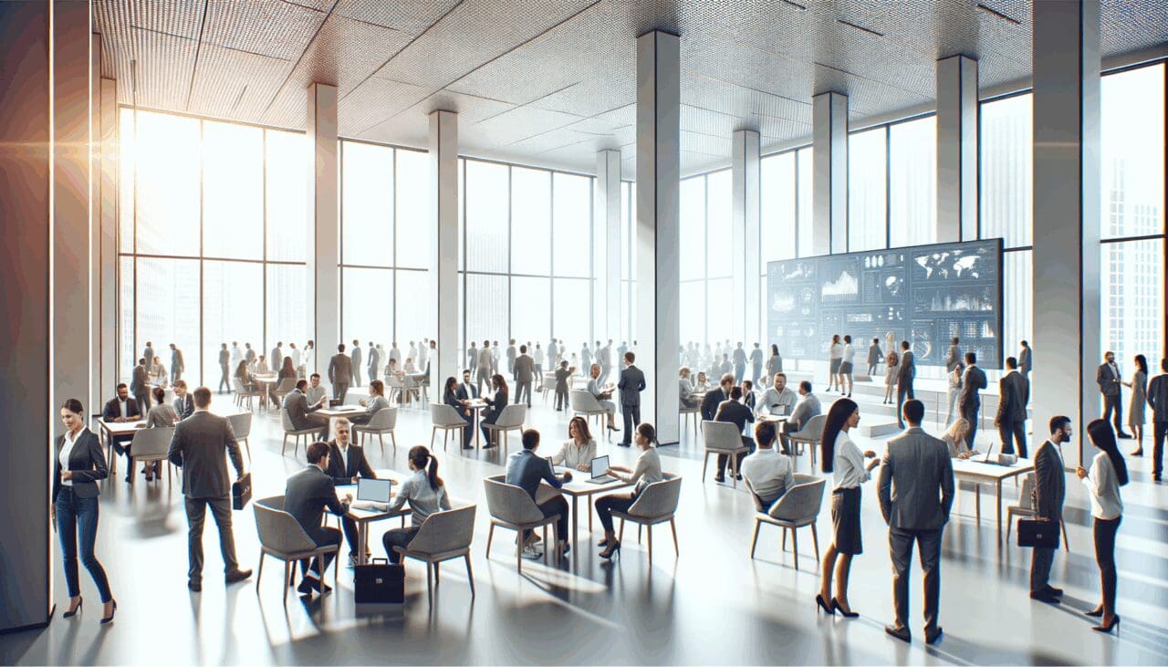 Sala amplia y luminosa con emprendedores reunidos, pantallas digitales y ambiente colaborativo.