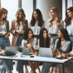 Grupo de mujeres jóvenes emprendedoras reunidas en un espacio de oficina moderno, usando laptops y conversando animadamente.
