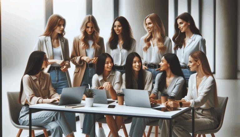 Grupo de mujeres jóvenes emprendedoras reunidas en un espacio de oficina moderno, usando laptops y conversando animadamente.