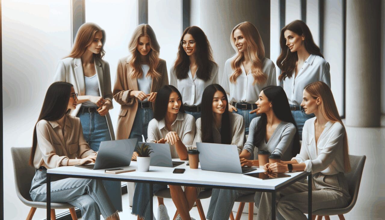Grupo de mujeres jóvenes emprendedoras reunidas en un espacio de oficina moderno, usando laptops y conversando animadamente.