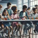 Niños sentados en un laboratorio moderno, explorando experimentos científicos coloridos.