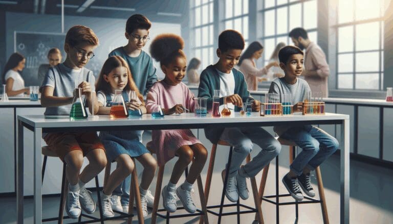 Niños sentados en un laboratorio moderno, explorando experimentos científicos coloridos.