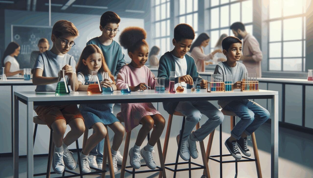 Niños sentados en un laboratorio moderno, explorando experimentos científicos coloridos.