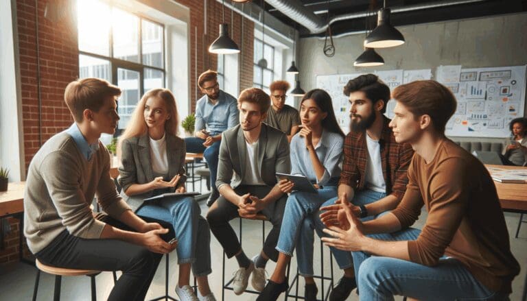 Jóvenes emprendedores discutiendo ideas en un espacio de coworking moderno