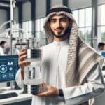 Fotografía de un joven emprendedor mostrando un dispositivo de condensación de agua en un laboratorio tecnológico.