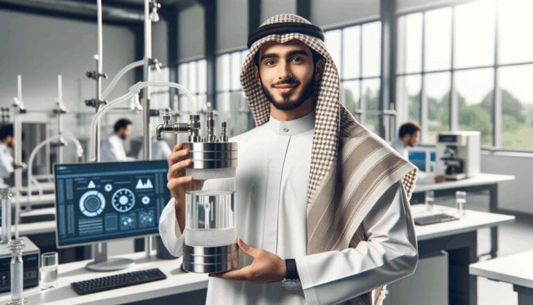Fotografía de un joven emprendedor mostrando un dispositivo de condensación de agua en un laboratorio tecnológico.