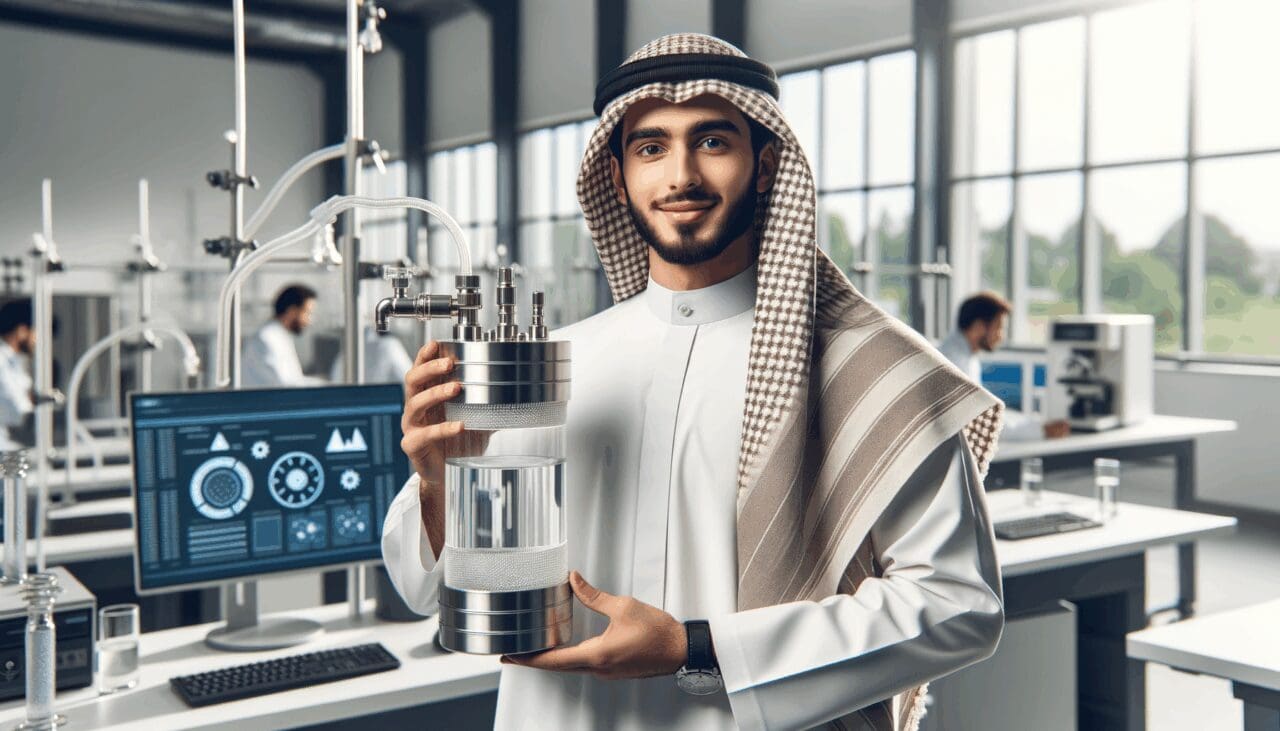 Fotografía de un joven emprendedor mostrando un dispositivo de condensación de agua en un laboratorio tecnológico.