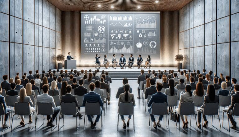 Auditorio moderno con jóvenes emprendedores presentando ideas a un panel de inversores.