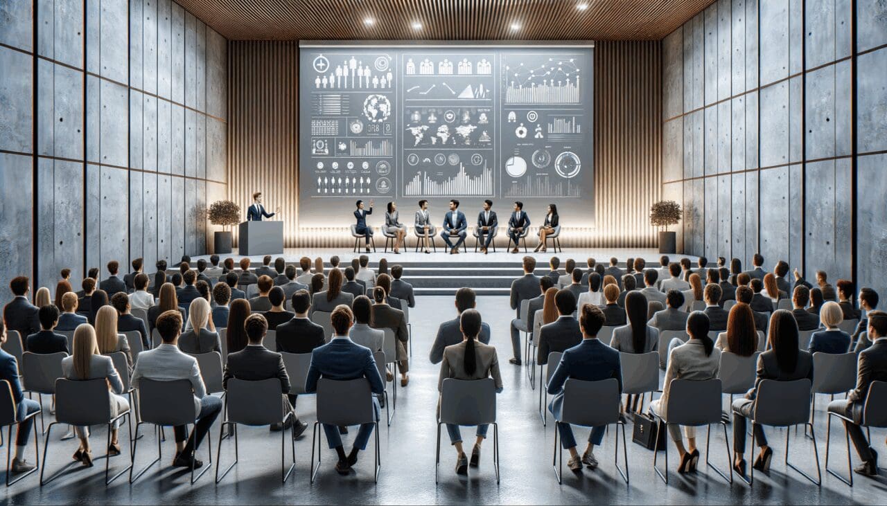 Auditorio moderno con jóvenes emprendedores presentando ideas a un panel de inversores.