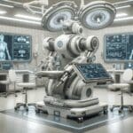 Robots médicos en un quirófano futurista y sofisticado, con pantallas de datos y equipo médico.