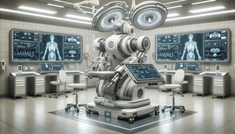 Robots médicos en un quirófano futurista y sofisticado, con pantallas de datos y equipo médico.