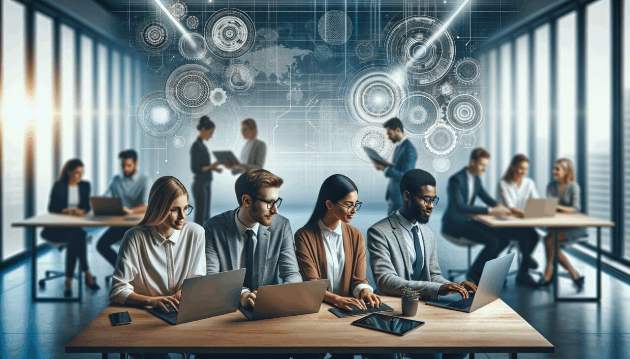 Equipo multicultural colaborando con laptops en un espacio de coworking moderno con fondo tecnológico.