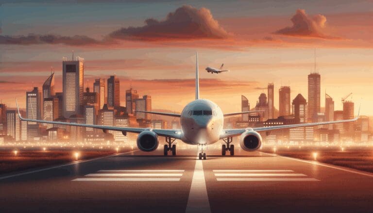 Avión moderno en pista con fondo de ciudad latinoamericana al atardecer