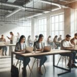 Espacios modernos de coworking con emprendedores trabajando y laptops sobre mesas.