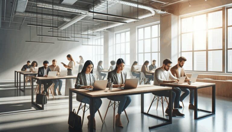 Espacios modernos de coworking con emprendedores trabajando y laptops sobre mesas.