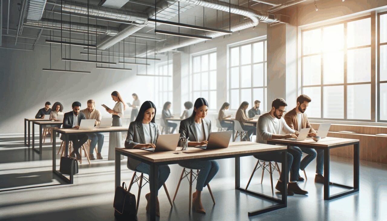 Espacios modernos de coworking con emprendedores trabajando y laptops sobre mesas.