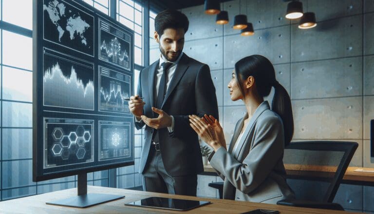 Dos profesionales colaborando frente a pantallas digitales con gráficos y cadenas de bloques en un entorno corporativo moderno.