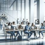 Grupo de jóvenes universitarios colaborando en un espacio moderno y tecnológico.