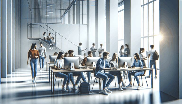 Grupo de jóvenes universitarios colaborando en un espacio moderno y tecnológico.