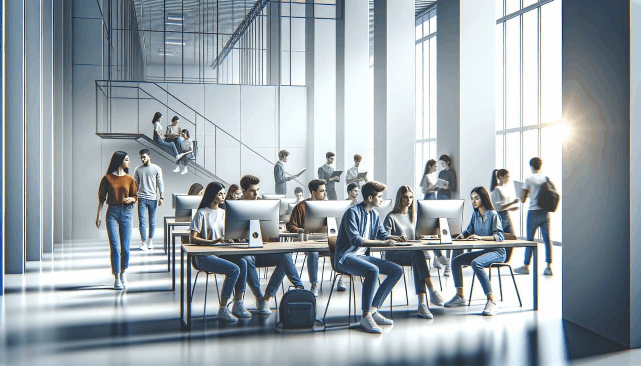 Grupo de jóvenes universitarios colaborando en un espacio moderno y tecnológico.