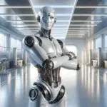 Robot humanoide de aspecto futurista en un entorno industrial iluminado y pulido.