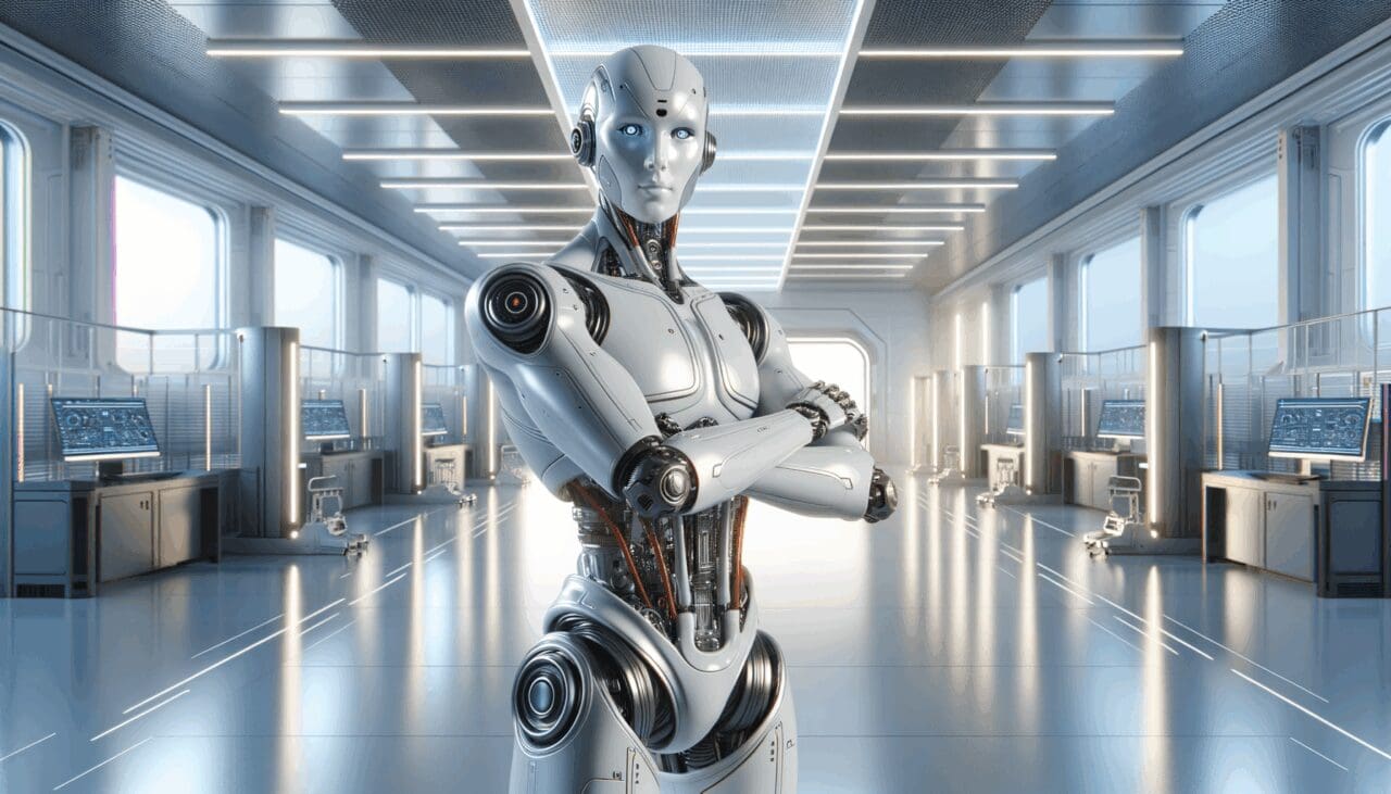 Robot humanoide de aspecto futurista en un entorno industrial iluminado y pulido.