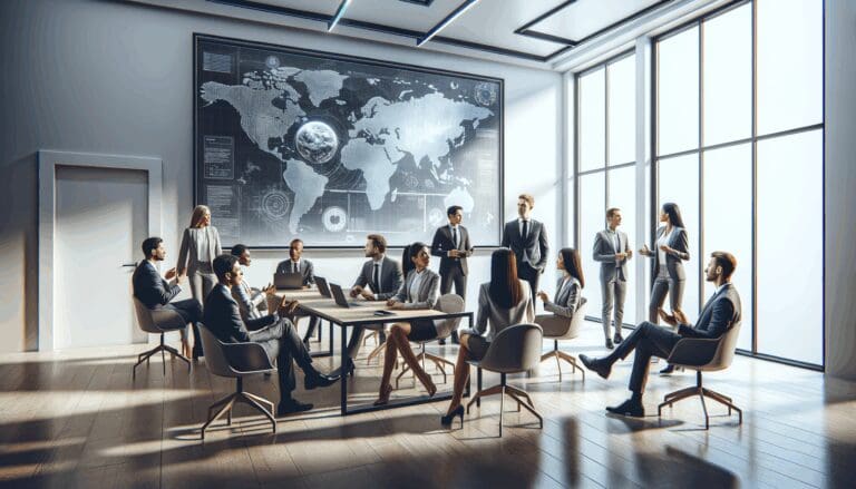 Grupo de emprendedores reunidos en una sala moderna con tecnología digital, discutiendo ideas.