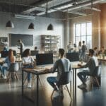 Espacios de coworking llenos de jóvenes emprendedores, pantallas y pizarras, ambiente moderno y colaborativo.