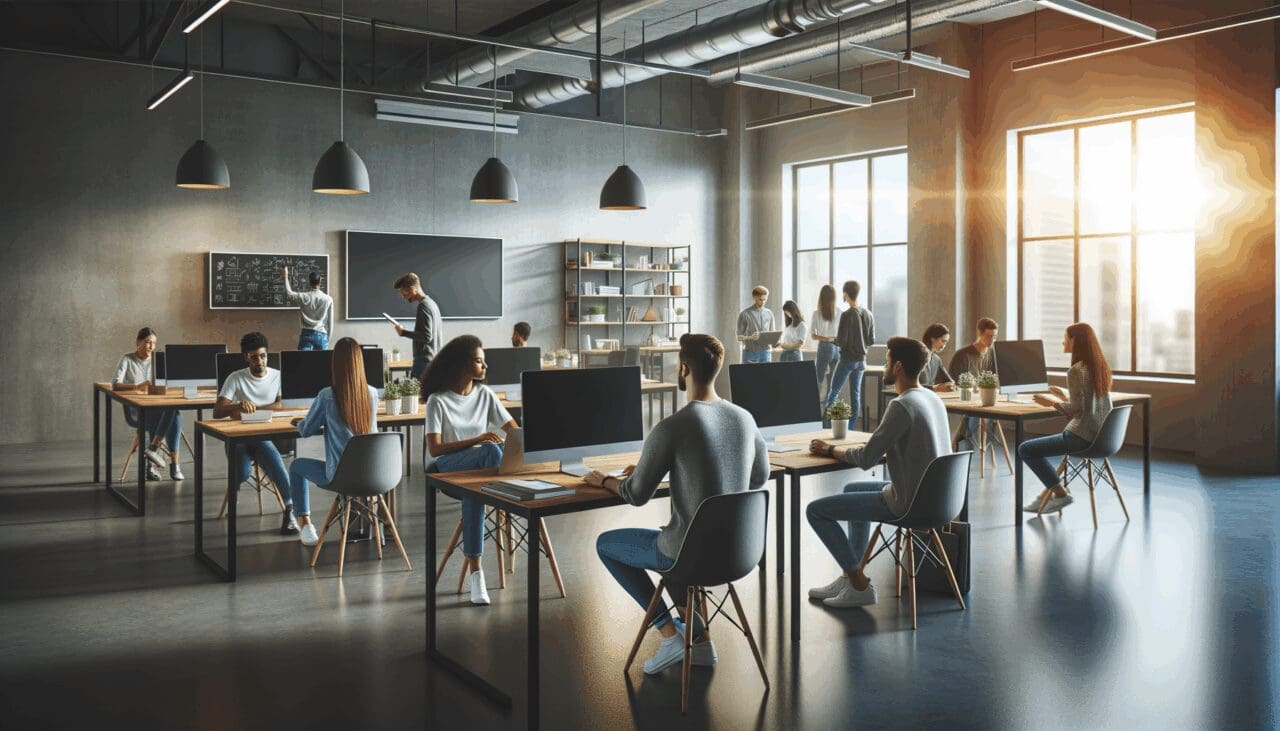 Espacios de coworking llenos de jóvenes emprendedores, pantallas y pizarras, ambiente moderno y colaborativo.