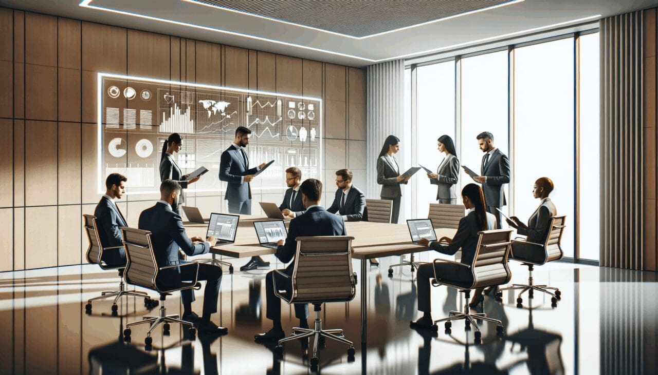 Una sala de reuniones moderna donde ejecutivos revisan gráficos y dispositivos digitales, ambiente profesional y tecnológico.