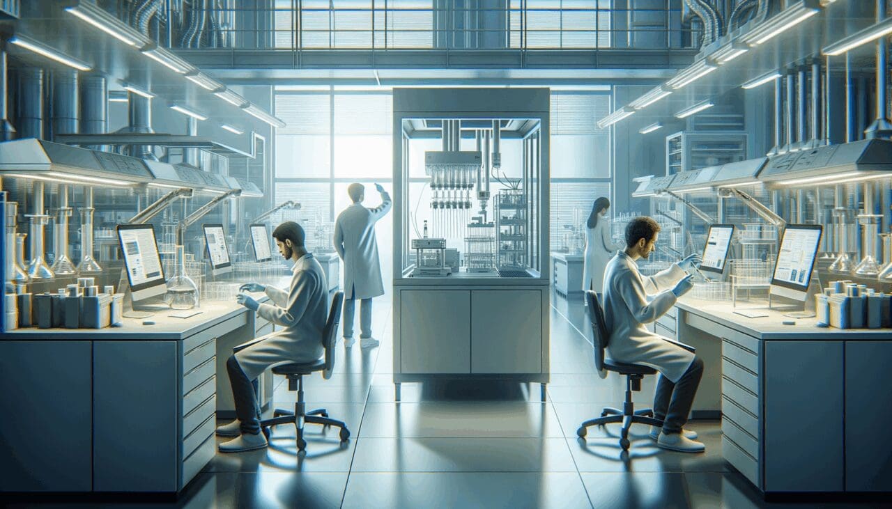Investigadores trabajando en un laboratorio de biotecnología avanzado