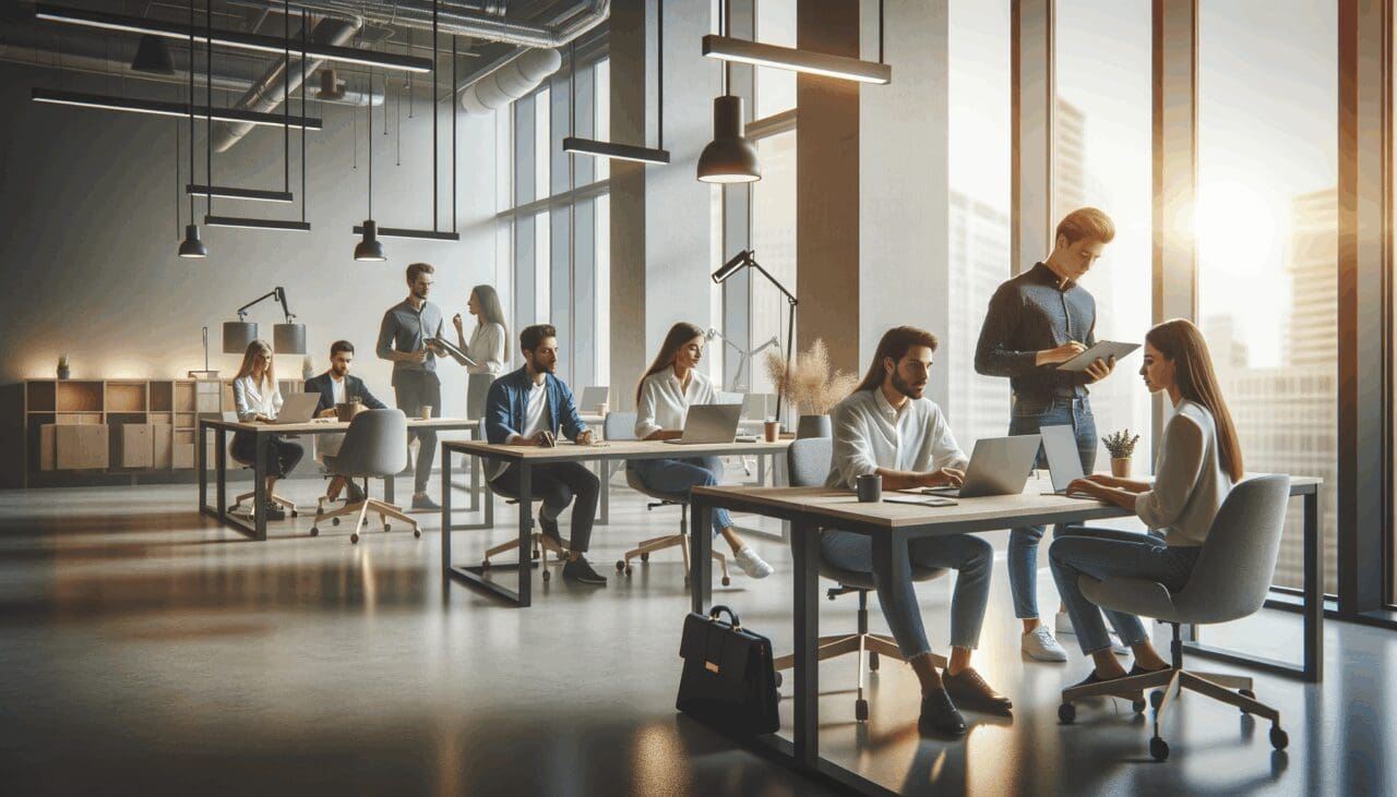 Oficinas de coworking modernas en Ciudad de México, con jóvenes emprendedores colaborando en mesas de trabajo.