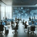 Desarrolladores colaborando frente a pantallas en una oficina moderna con ambiente tecnológico.