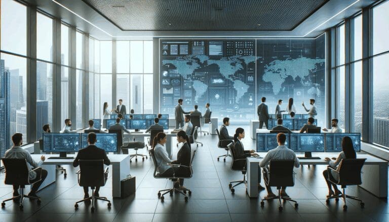 Desarrolladores colaborando frente a pantallas en una oficina moderna con ambiente tecnológico.