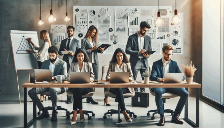 Grupo diverso de emprendedores trabajando en un entorno moderno de oficina, con laptops y pizarras, reflejando innovación tecnológica.