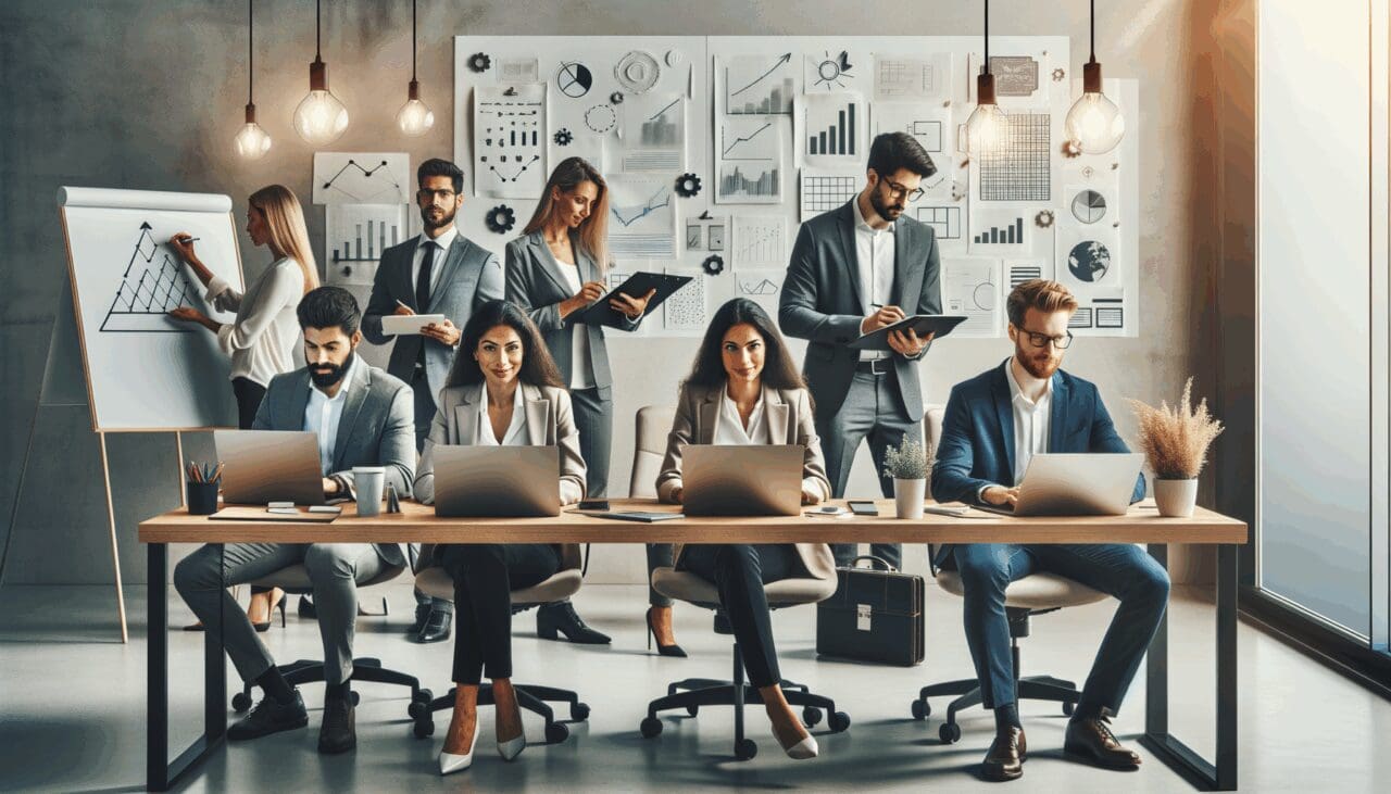 Grupo diverso de emprendedores trabajando en un entorno moderno de oficina, con laptops y pizarras, reflejando innovación tecnológica.