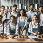 Equipo de jóvenes emprendedores trabajando en un laboratorio agrícola moderno con semillas y maquinaria avanzada sobre la mesa.