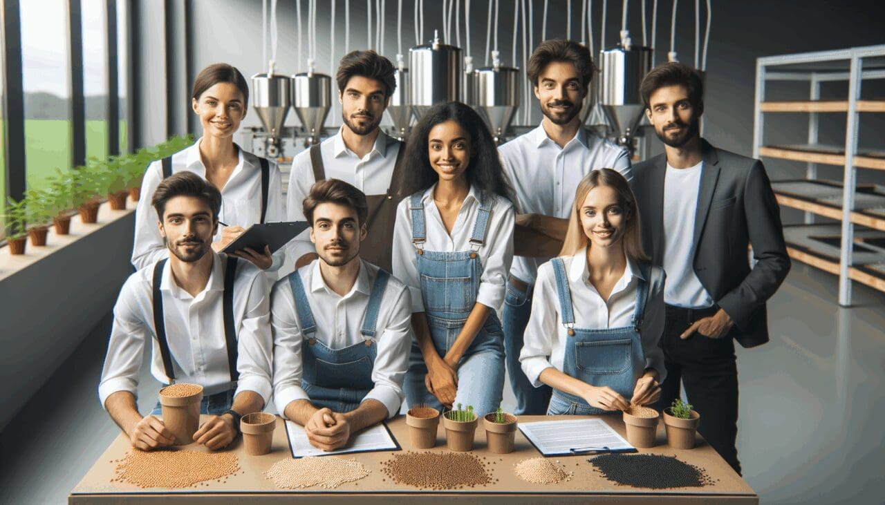 Equipo de jóvenes emprendedores trabajando en un laboratorio agrícola moderno con semillas y maquinaria avanzada sobre la mesa.
