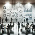 Emprendedores reunidos en una sala moderna, analizando gráficos y proyecciones tecnológicas.