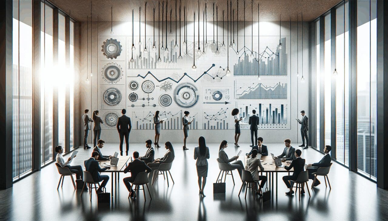 Emprendedores reunidos en una sala moderna, analizando gráficos y proyecciones tecnológicas.