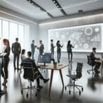 Oficinas modernas con personas colaborando y pizarras digitales en un entorno de innovación tecnológica.