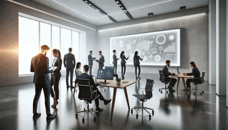 Oficinas modernas con personas colaborando y pizarras digitales en un entorno de innovación tecnológica.