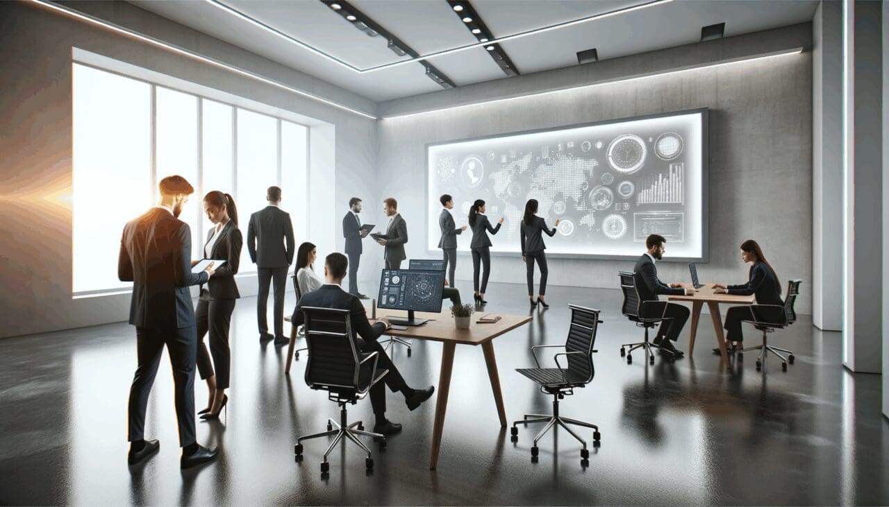 Oficinas modernas con personas colaborando y pizarras digitales en un entorno de innovación tecnológica.