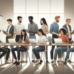 Ilustración minimalista de jóvenes emprendedores colaborando con computadoras sobre una mesa de trabajo en un moderno coworking.