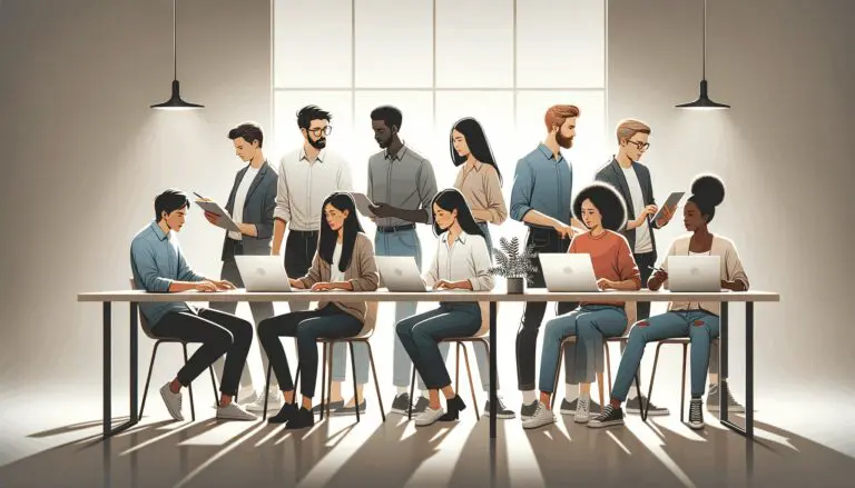 Ilustración minimalista de jóvenes emprendedores colaborando con computadoras sobre una mesa de trabajo en un moderno coworking.