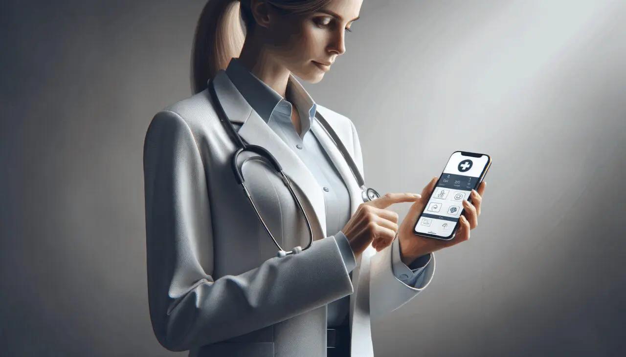 Persona usando un smartphone con una aplicación médica en pantalla