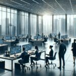 Oficinas modernas con equipos de profesionales colaborando en proyectos tecnológicos avanzados, ambiente ejecutivo.